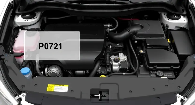 A detailed illustration of a car's engine bay with the P0721 error code highlighted on a diagnostic screen. Focus on the engine components and the error code display.
