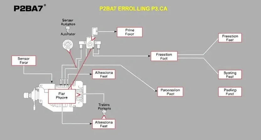 A detailed schematic diagram illustrating the P2BA7 error code in a car engine system. Include visual representations of the affected components (sensors, actuators, etc.) and a flow chart showing the error's progression. The diagram should be clean, professional, and easy to understand.