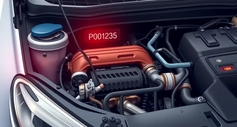 A detailed illustration of a car's engine bay, focusing on the catalytic converter and related components. The image should clearly show the P0125 error code indicator light illuminated on the dashboard. The background should be a slightly blurred view of the car's interior.