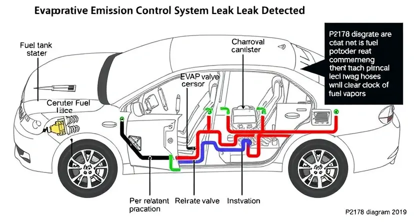 A detailed diagram illustrating a car's emissions system, specifically highlighting the components related to the P2178 error code (Evaporative Emission Control System Leak Detected). Show the fuel tank, charcoal canister, EVAP valve, hoses, and relevant sensors. Use clear arrows to indicate the flow of fuel vapors. The diagram should be clean, professional, and easy to understand.