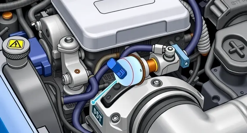 A detailed illustration of a car's engine bay, focusing on the camshaft position sensor and its wiring. The sensor should be clearly visible, along with the surrounding components. The background should be slightly blurred to emphasize the sensor.