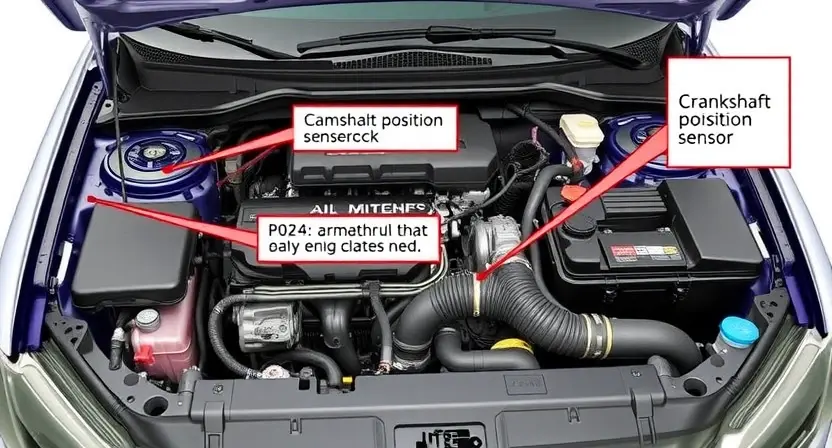 A detailed illustration of a car's engine bay, focusing on the area where the P0624 error code might be related to. Include visual representations of the relevant components like the camshaft position sensor, crankshaft position sensor, and the engine control unit (ECU). The image should be scientifically accurate and clearly depict the potential cause of the error.