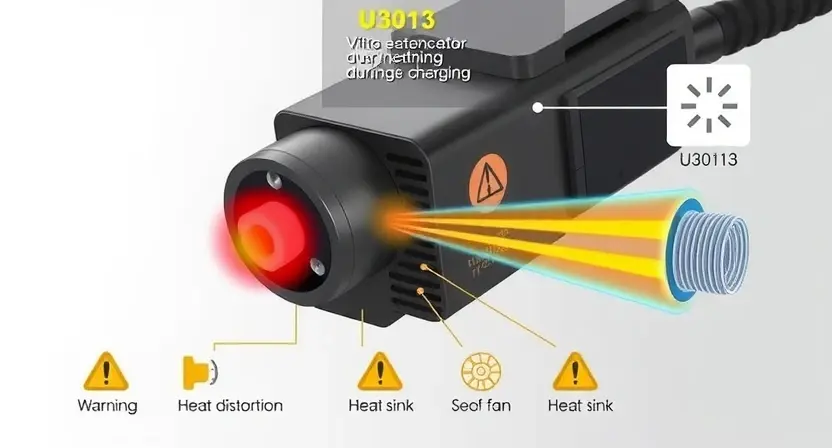 A high-quality technical illustration showing a close-up of a U3013 connector overheating during charging, with visible heat distortion, warning signs, and cooling solutions like a heat sink or fan, clean background, no text or labels, technical accuracy, sharp focus