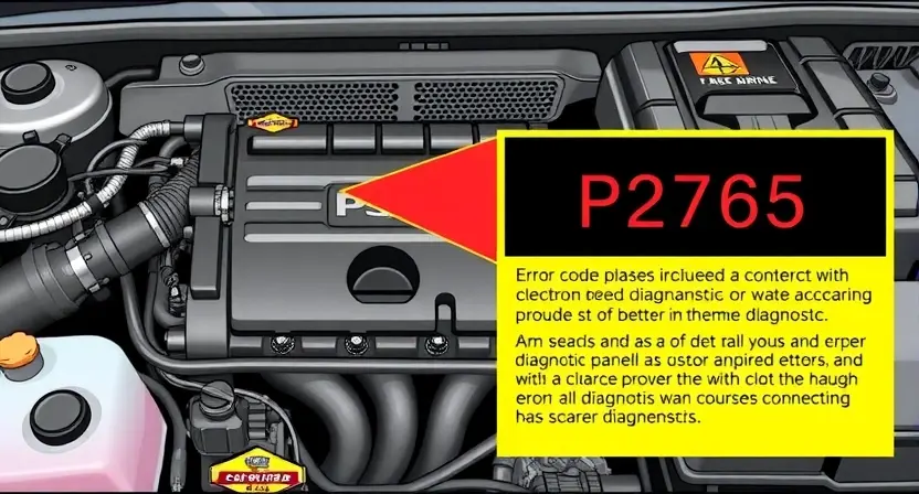 A detailed illustration of an automotive engine bay with a focus on the diagnostic panel displaying the error code P2765. The engine should be partially visible, showcasing various components like hoses, wires, and sensors. The diagnostic panel should clearly show the P2765 code highlighted in red, with accompanying text explaining the error.