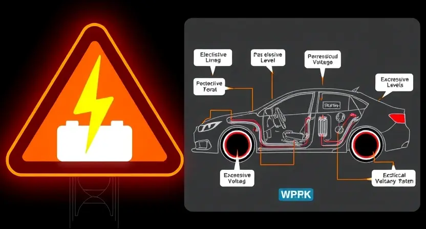 A high-voltage warning sign with a glowing battery symbol and a car electrical system diagram showing excessive voltage levels, rendered in a technical illustration style with clear labels and circuit lines