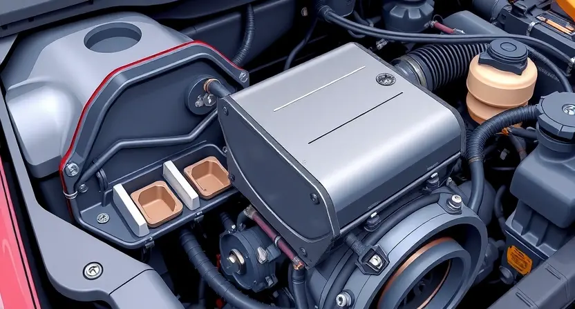 A detailed illustration of a car's engine bay, focusing on the catalytic converter and associated wiring. The catalytic converter should be clearly visible, with wires and hoses connected to it. The background should be slightly blurred to emphasize the engine components.