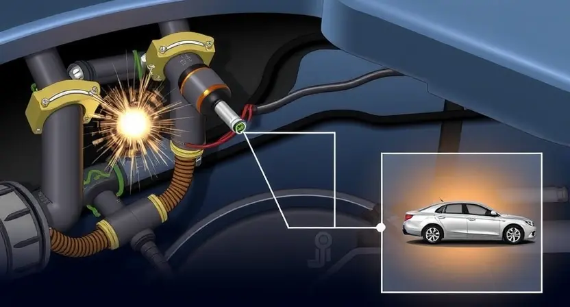 A detailed illustration of a car's oxygen sensor circuit with highlighted components, showing the sensor, wiring, and connections. The image should depict a high voltage scenario with visual indicators like sparks or glowing wires to represent the high voltage issue. Include a close-up of the oxygen sensor and its placement in the exhaust system.