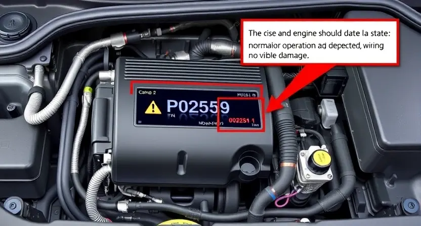 A detailed illustration of an automotive engine control unit (ECU) with a highlighted P0259 error code displayed on a diagnostic screen. The engine should be in a state of normal operation, with no visible damage. Focus on the electronic components and wiring.