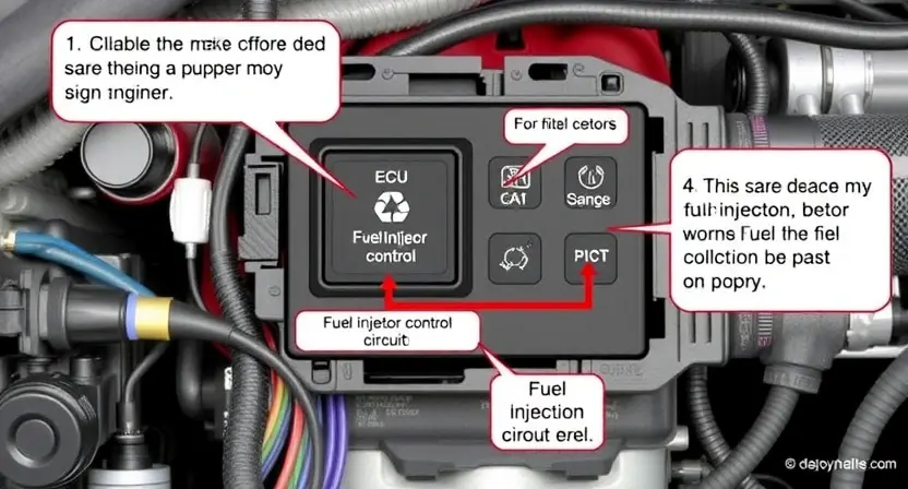 A detailed illustration of an engine control unit (ECU) with various sensors and wiring, highlighting the fuel injector control circuit. Focus on the components related to fuel injection and the potential causes of a P0200 error.