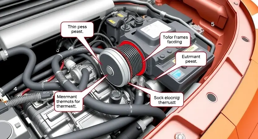 A detailed illustration of a car's engine bay, focusing on the electronic thermostat and its surrounding components. The thermostat should be clearly visible, with labels indicating its function. Wires and sensors connected to the thermostat should be depicted. The overall scene should be realistic and informative, suitable for a repair manual or automotive website.