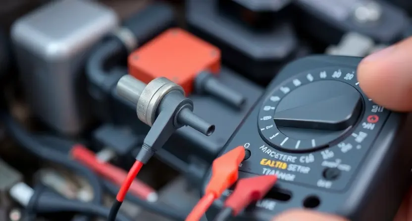 A close-up, detailed image of a car's throttle position sensor being tested with a multimeter. The sensor should be clearly visible, connected to the multimeter probes. The background should show a slightly blurred automotive diagnostic setting, perhaps with tools and wiring visible but not distracting. Focus on the sensor and the connection to the multimeter, emphasizing the diagnostic process. The lighting should be bright and even to highlight the details.
