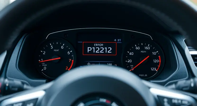A close-up shot of a Nissan car dashboard with a highlighted error message 'P1212' displayed on the infotainment screen. The dashboard should be clean and modern, with visible gauges and buttons. Focus on the error message for clarity.