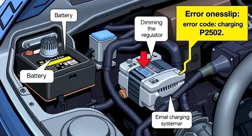 A detailed illustration of a car's charging system, highlighting the battery, alternator, and voltage regulator. The image should show the connections between these components and emphasize the flow of electricity. Include visual indicators of potential issues, such as a dimming headlight or a warning light on the dashboard, to represent the error code P2502.