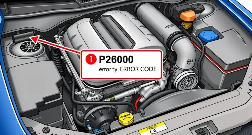 A detailed illustration of a car's engine bay with a highlighted P2600 error code indicator. The engine should be partially disassembled to show wiring and components. Focus on clarity and technical accuracy.