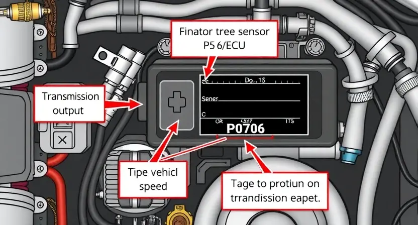 A detailed illustration of an engine control unit (ECU) with various sensors connected to it. Highlight the position and type of the P0706 sensor. Include visual cues representing the sensor's function in monitoring vehicle speed and transmission output.