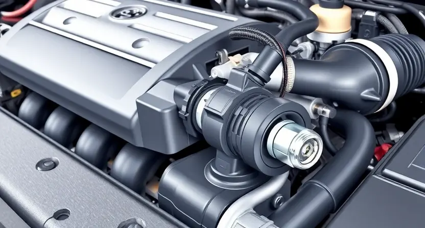 A close-up, detailed illustration of a car's engine bay. Focus on the mass airflow sensor (MAF sensor) and its surrounding components. The engine should appear clean and well-maintained. Highlight the sensor's electrical connector and wiring. The overall lighting should be bright and clear, emphasizing the mechanical details.
