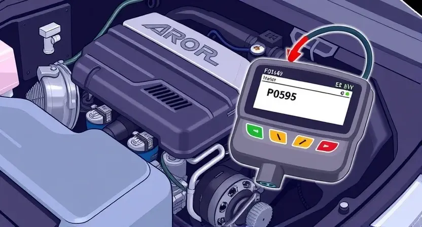 A detailed illustration of a car engine bay with a diagnostic tool connected to the car's computer. The engine should be partially visible, showcasing various components like the alternator, battery, and intake manifold. A digital display on the diagnostic tool should show the P0595 error code highlighted. Focus on clarity and technical accuracy.