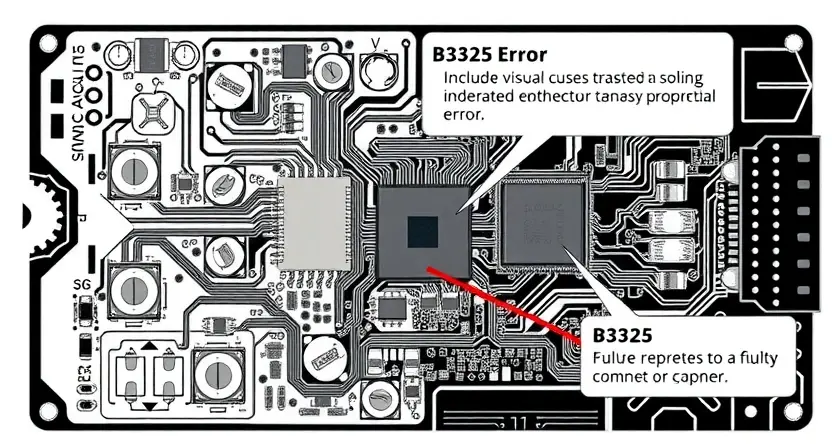 A detailed schematic diagram of an electronic circuit board, highlighting the B2325 error and potential failure points. Include visual cues indicating a faulty component or connection. Focus on clarity and technical accuracy.
