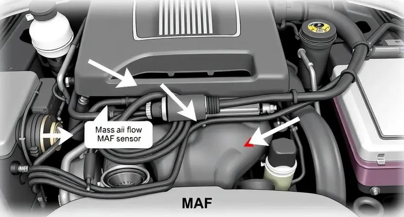 A high-quality technical illustration showing a car engine with a highlighted Mass Air Flow (MAF) sensor, surrounded by arrows and labels indicating airflow direction, with a subtle red warning sign near the sensor to represent an error, all rendered in a clean, professional style suitable for automotive repair documentation