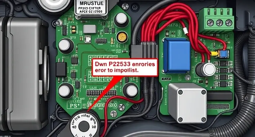 A detailed illustration of an automotive ignition system circuit board, highlighting the P2533 error code and damaged components. Focus on the wiring and electronic elements.