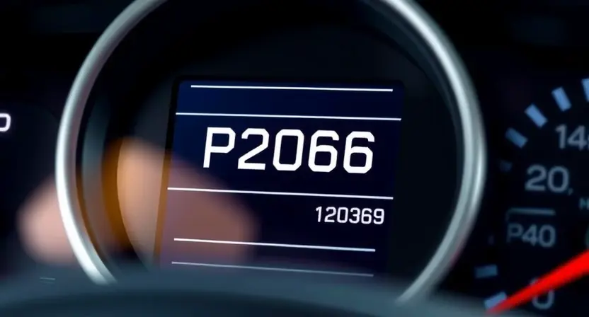 A close-up, detailed illustration of an automotive dashboard display showing a diagnostic code P2066. The display should be clear and easy to read, highlighting the error code. The background should be blurred to focus attention on the dashboard.