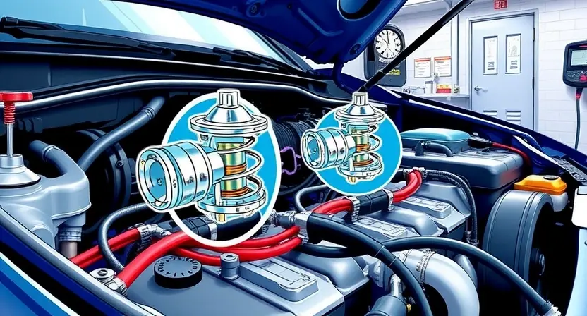A detailed illustration of a car engine with a focus on the thermostat and coolant temperature sensor. Show the thermostat in its housing with coolant flowing through it, and the sensor connected to the engine block. Include a close-up view of the thermostat valve in both open and closed positions to indicate its function. The coolant temperature sensor should be depicted with its wiring harness connected. The background should feature a clean, well-lit workshop setting with diagnostic tools and
