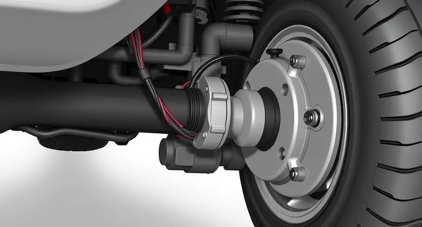 A close-up, detailed illustration of a car's rear axle and the associated sensor. The sensor should be clearly visible, with wires connecting it to the vehicle's frame. The image should highlight the sensor's position and its connection to the drivetrain. Focus on the mechanical components and wiring, emphasizing the area around the right rear wheel.