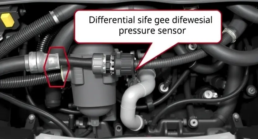 A close-up, detailed illustration of a car's undercarriage, specifically focusing on the differential pressure sensor and its associated hoses and connections. The sensor should be clearly visible, along with the surrounding components of the engine bay. The image should convey a sense of technical precision and diagnostic inspection.