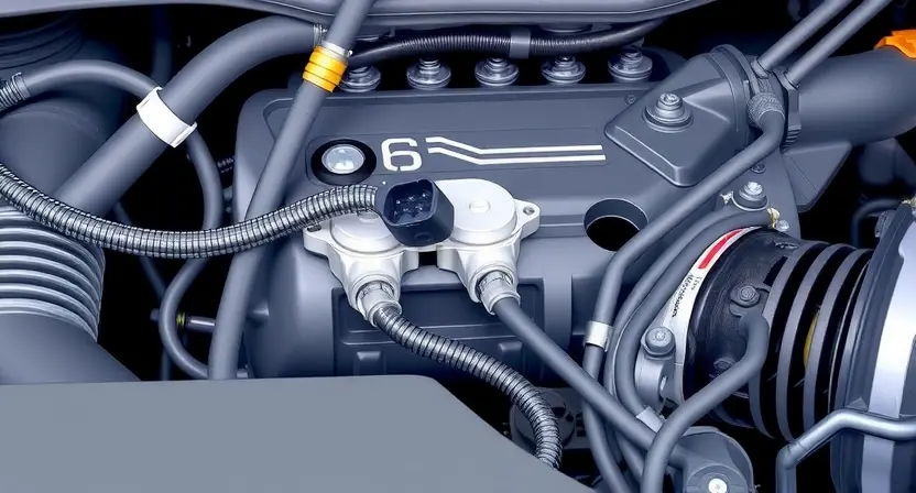 A close-up, detailed illustration of an engine bay with a focus on the Intake Air Temperature (IAT) sensor and its wiring. The sensor should be clearly visible, along with surrounding engine components like hoses and air intake ducting. The image should convey a sense of technical precision and clarity, highlighting the sensor's location and connection points. The overall lighting should be bright and even, emphasizing the details of the components.
