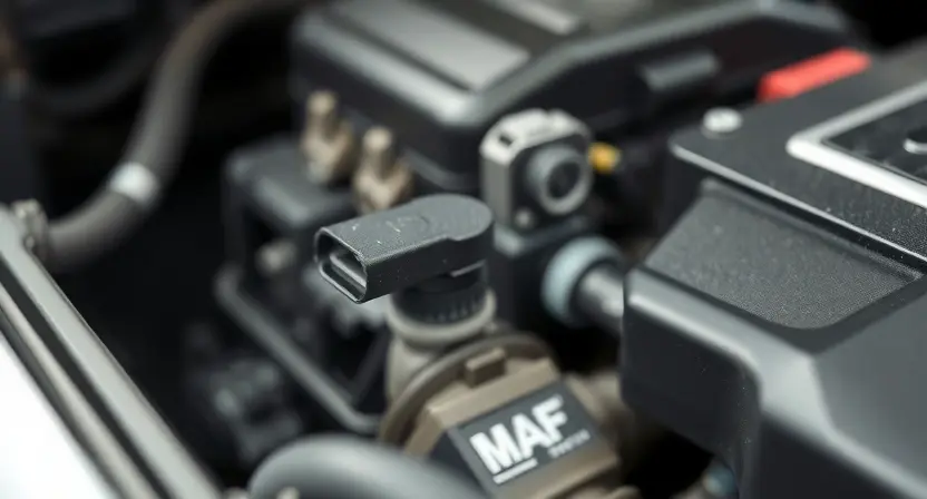A close-up of a car's engine bay, focusing on the mass airflow sensor (MAF sensor). The sensor should be clearly visible, with surrounding engine components blurred in the background. The overall lighting should be bright and clean, highlighting the sensor's details.