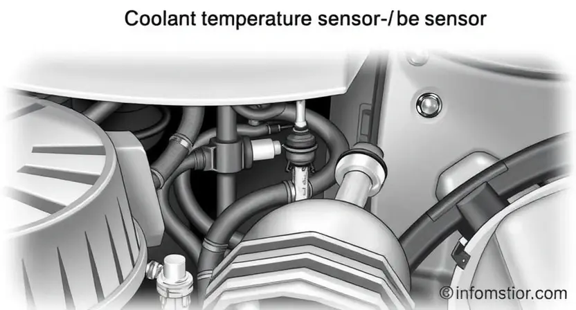 A close-up, detailed illustration of a car's engine bay, focusing on the coolant temperature sensor and surrounding components. The image should convey a sense of technical precision and clarity, highlighting the sensor's location and connections. The overall aesthetic should be clean and informative, suitable for a repair manual or diagnostic guide.