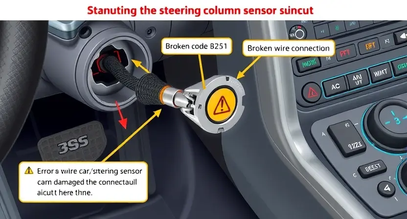 A detailed technical illustration of a car's steering column sensor circuit fault, showing a broken wire or damaged sensor connector in a vehicle's steering column, with clear labels for error code B2251, diagnostic tools, and warning lights, realistic automotive engineering style