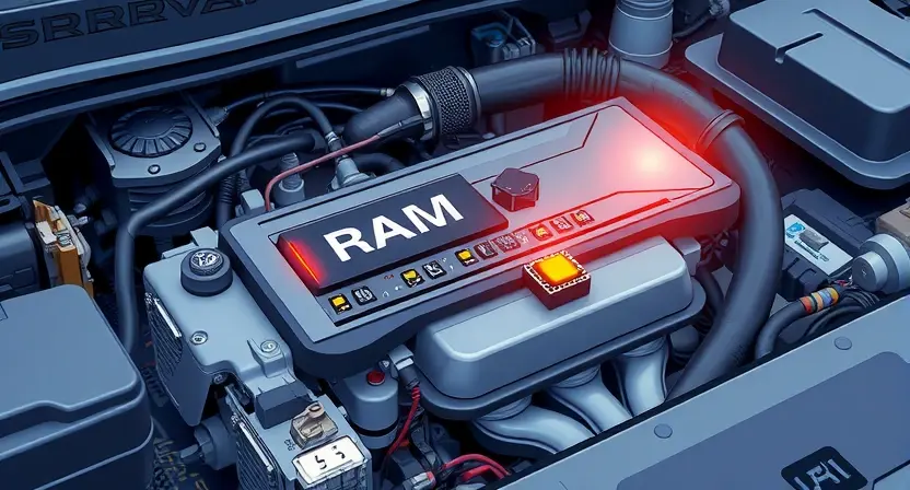 A detailed illustration of a car's engine bay, focusing on the control module and RAM chip. The module should be clearly visible, with diagnostic lights illuminated, indicating a potential RAM error. Wires and connectors should be visible, suggesting a complex system. The overall lighting should be bright and informative, highlighting the components.