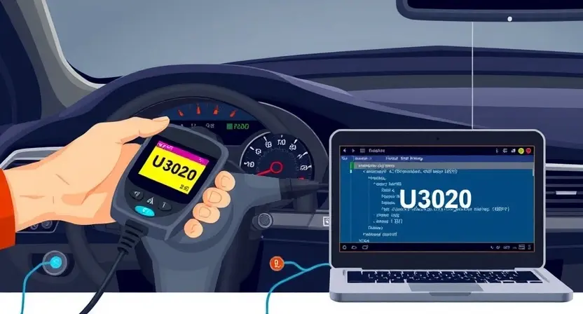 A professional technical illustration showing a car's onboard diagnostic system displaying error code U3020, with a mechanic's hand holding a diagnostic scanner connected to a vehicle's OBD-II port, illuminated dashboard warning lights, and a laptop screen showing error details, all in a clean, high-quality technical diagram style