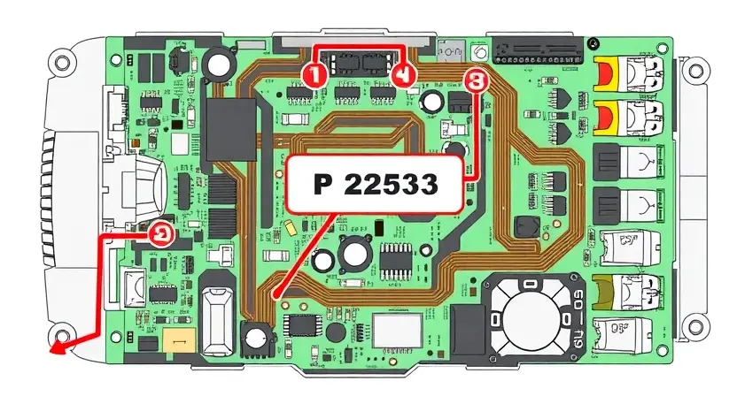 A detailed, technical illustration of an automotive ignition system circuit board, highlighting the P2533 error code. Focus on the wiring, components, and potential points of failure. The image should be clean and well-lit, emphasizing the intricate details of the circuit.