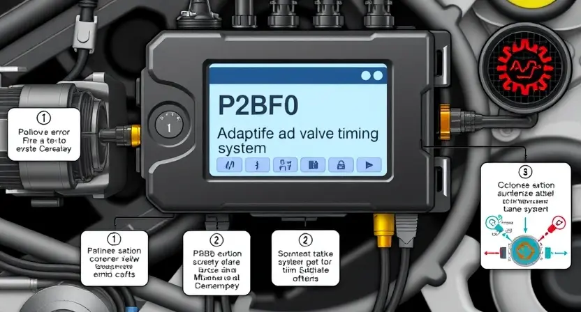 A detailed illustration of an engine control unit (ECU) with various sensors and diagnostic tools connected. The image should focus on the ECU displaying a P2BF0 error code, with visual representations of the adaptive valve timing system. Include diagrams showing the flow of data and the potential causes of the error.