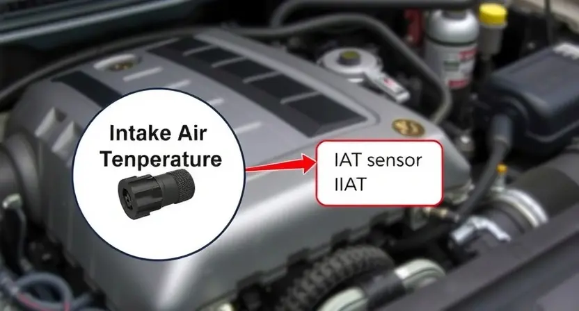 A close-up illustration of an engine bay with a highlighted Intake Air Temperature (IAT) sensor. Wires are visible connecting to the sensor. The background shows other engine components, slightly blurred. Focus on the IAT sensor and its wiring.