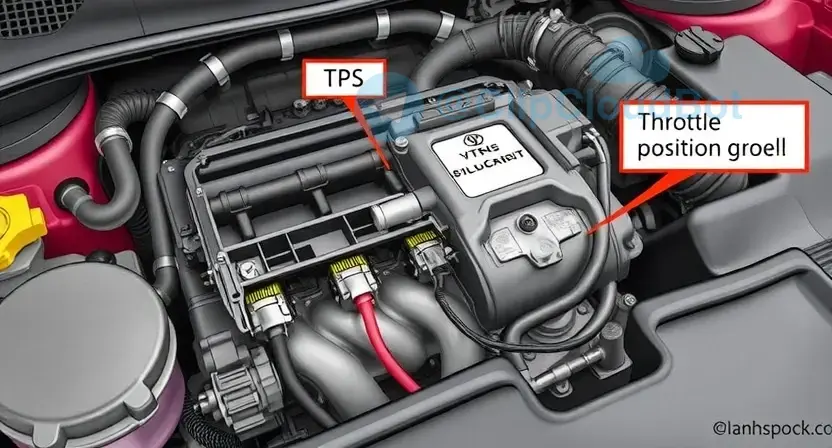 A detailed illustration of a car's engine bay, focusing on the throttle position sensor (TPS) and its wiring. The TPS should be clearly visible, along with the associated wiring harness connected to the engine control unit (ECU). Include labels pointing to the TPS and the wiring. The background should show other engine components, but the TPS and wiring should be the central focus.