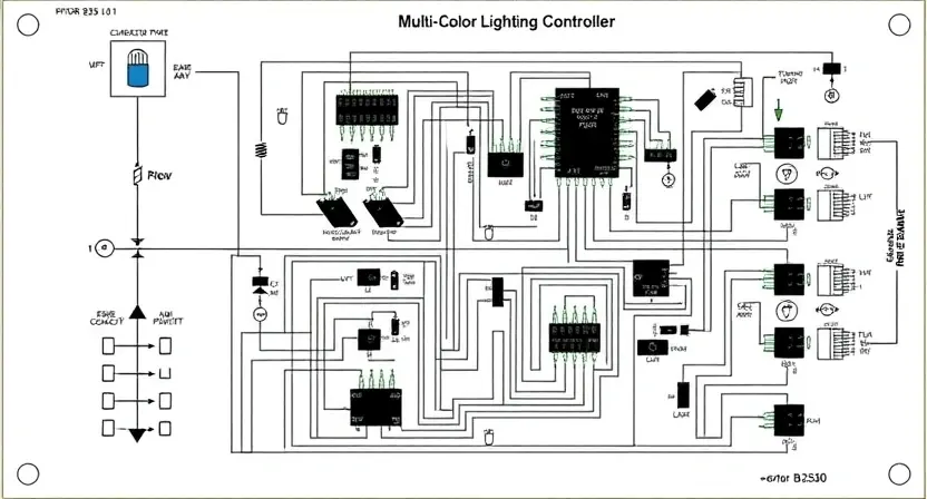 A detailed schematic diagram of a background multi-color lighting controller circuit board. The diagram should clearly show the components, connections, and potential areas of failure related to error B2520. Include labels for each component and connection. Focus on the electronic components and wiring.
