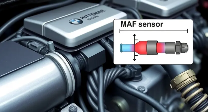 A detailed illustration of a car's engine bay, focusing on the Mass Air Flow (MAF) sensor. The sensor should be clearly visible, with wires connected to it. Include a simplified diagram showing airflow entering the engine and the MAF sensor's role in measuring it. The background should show other engine components, but the MAF sensor should be the central element. Use realistic lighting and textures to depict the metallic surfaces and wiring.