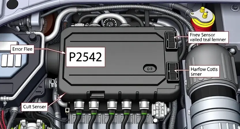 A detailed illustration of an automotive engine control unit (ECU) with various sensors and wiring, highlighting the P2542 error code indicator. The ECU should be depicted in a realistic, technical style, with clear labeling of components.
