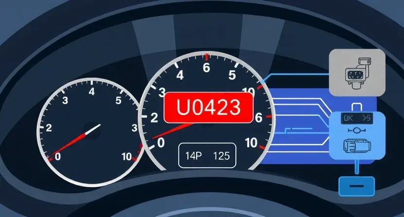 A high-quality technical illustration showing a car dashboard with a warning indicator for error code U0423, featuring a stylized representation of a malfunctioning instrument cluster, abstract data streams, and schematic components like connectors and sensors, rendered in a clean, professional automotive diagnostic style