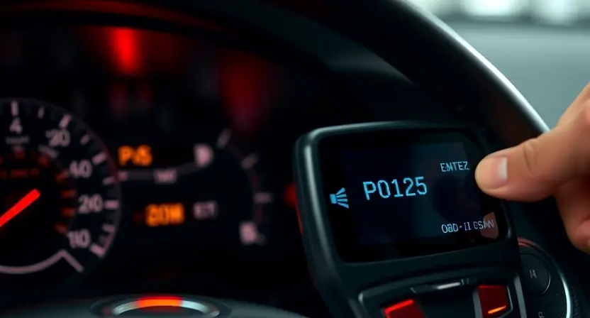 A close-up of a car's dashboard with the check engine light illuminated, showing the error code P0125 on an OBD-II scanner screen, with a mechanic's hand pointing at the display, soft ambient lighting in a garage setting