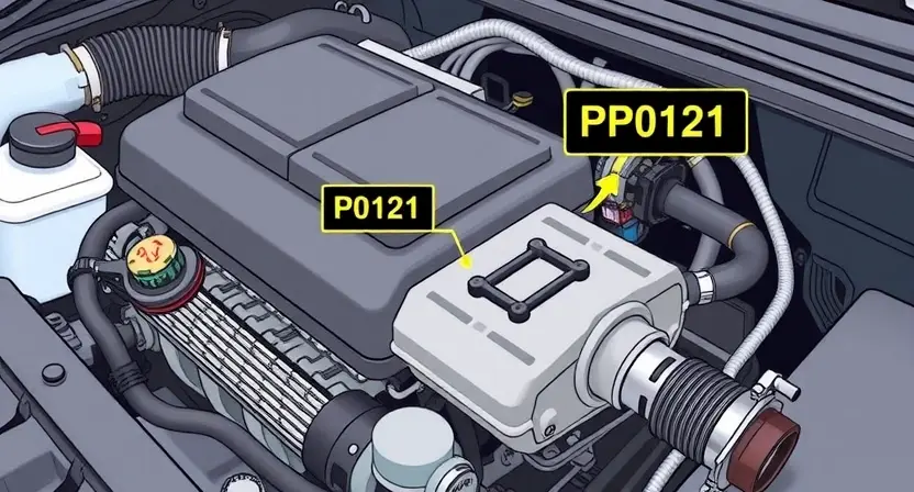 A close-up, detailed illustration of a car engine with a diagnostic code P0121 highlighted. Focus on the engine components like the intake manifold, oxygen sensor, and related wiring. Use a clean, technical style.