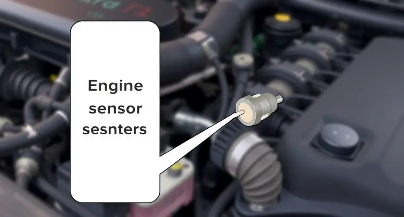 A close-up, detailed illustration of a car's engine bay. Focus on the engine temperature sensor and surrounding components. The sensor should be clearly visible, with wires connected. The overall aesthetic should be clean and informative, highlighting the sensor's location and importance. The background should be slightly blurred to emphasize the sensor.