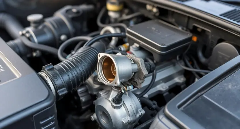 A close-up, detailed image of a car's engine bay, focusing on the throttle body and associated wiring. The engine should be clean and well-maintained. The image should convey a sense of automotive repair and diagnostics.