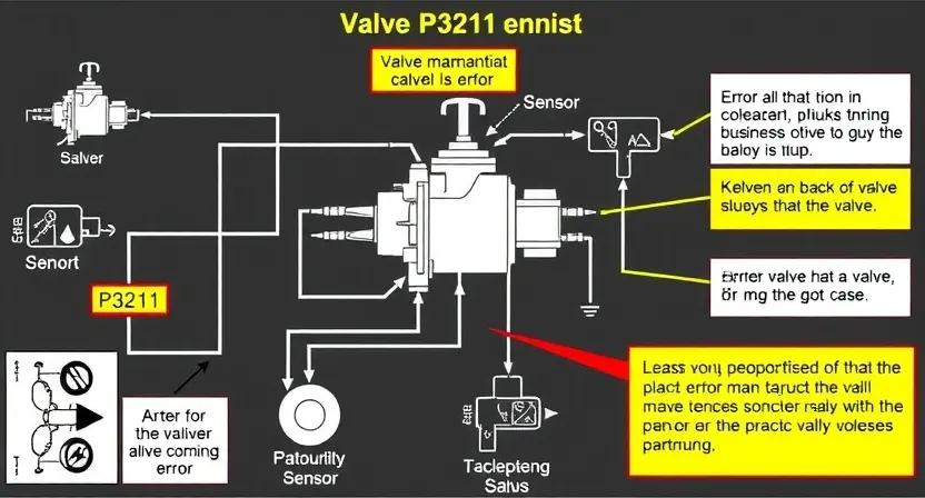 A detailed schematic diagram illustrating a valve malfunction, with highlighted components indicating the P3211 error. Include visual representations of the valve mechanism, sensors, and potential causes of the error.