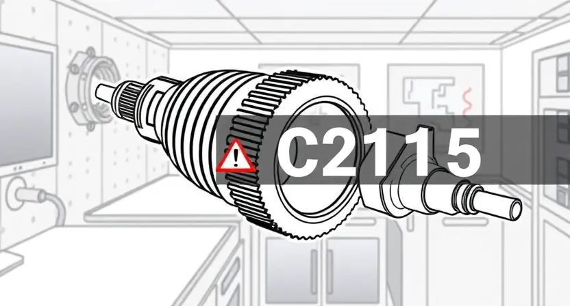 A detailed illustration of a temperature sensor with a visual representation of the C2115 error code overlaid on it. The sensor should be depicted in a technical drawing style, with clear labels indicating its components. The C2115 code should be displayed prominently, perhaps with a warning symbol. The background should be a clean, professional setting, like a laboratory or engineering workspace.