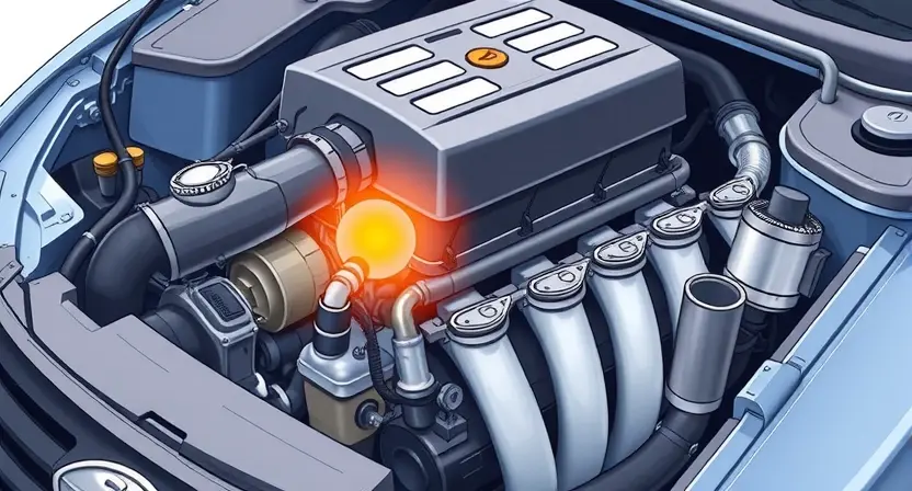 A detailed illustration of a car engine with a highlighted oxygen sensor, showing the location of the sensor and its connection to the exhaust system. The engine should be depicted in a cross-sectional view to clearly show the internal components. The oxygen sensor should be emphasized with a glowing effect to indicate its importance in the engine's operation.