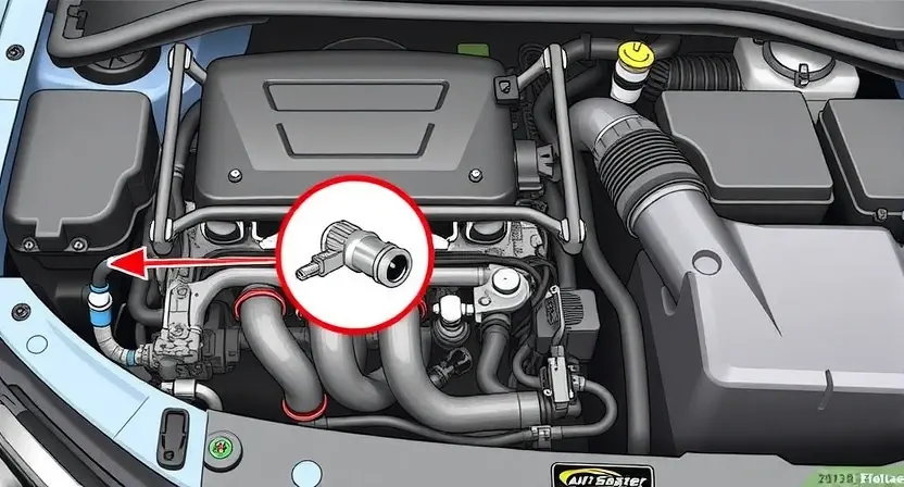 A detailed illustration of a car's engine bay, highlighting the oxygen sensor and related components. The image should clearly show the sensor's location and connection points. Focus on a clean, well-lit depiction of the engine components.